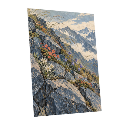 Alpine Bloomscape, blue, gray, beige nature wall art shown as a unframed poster wall art print