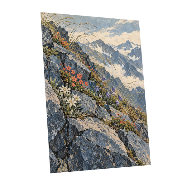 Alpine Bloomscape, blue, gray, beige nature wall art shown as a unframed poster wall art print