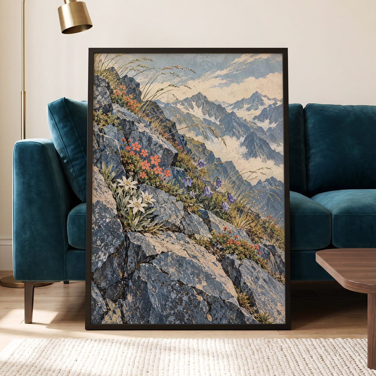 Alpine Bloomscape, blue, gray, beige nature wall art displayed in a styled interior, gallery view 2