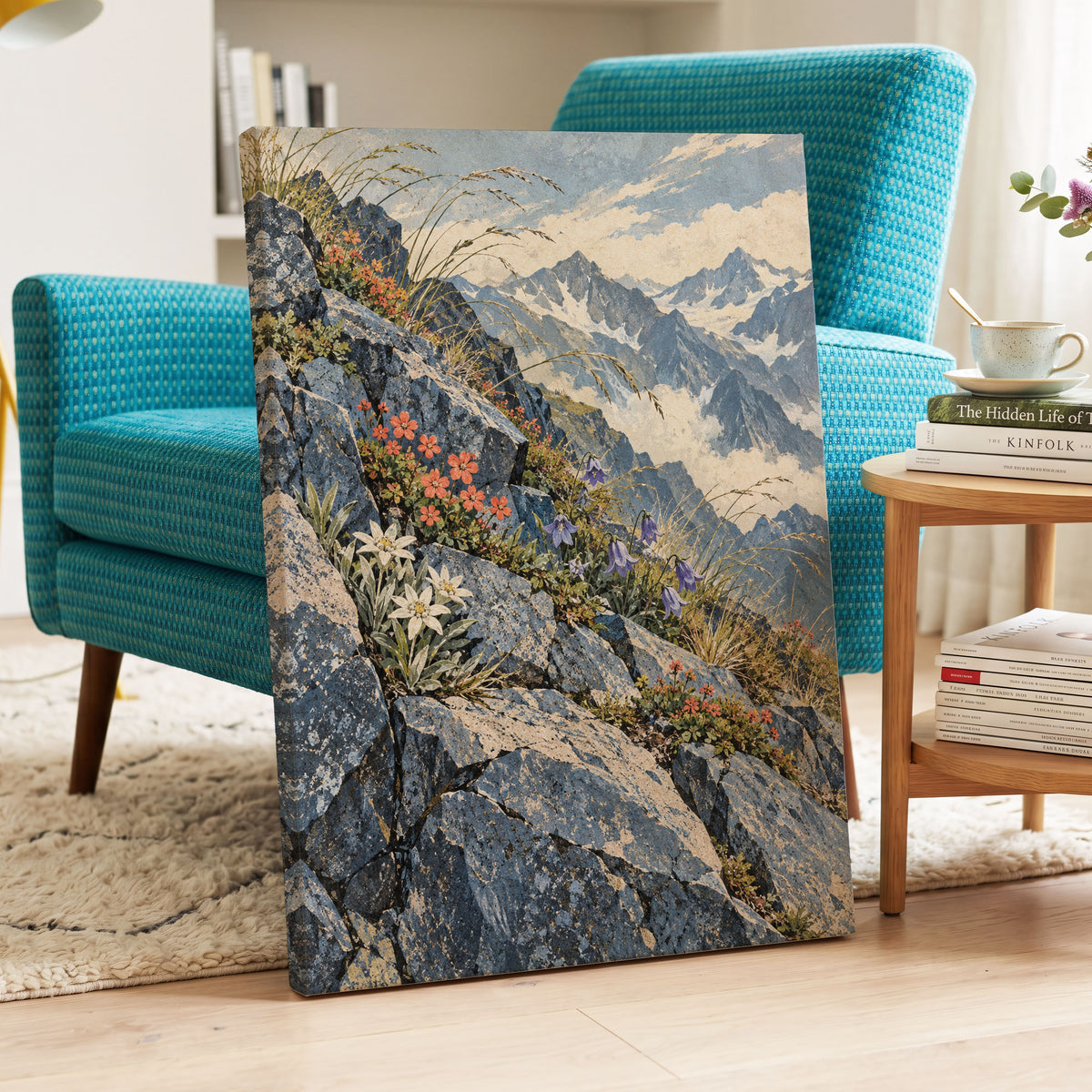 Alpine Bloomscape, blue, gray, beige nature wall art displayed in a styled interior, gallery view 3