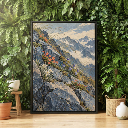 Alpine Bloomscape, blue, gray, beige nature wall art displayed in a styled interior, gallery view 4