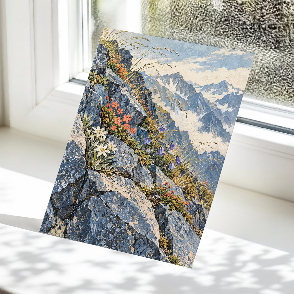 Alpine Bloomscape, blue, gray, beige nature wall art displayed in a styled interior, gallery view 5