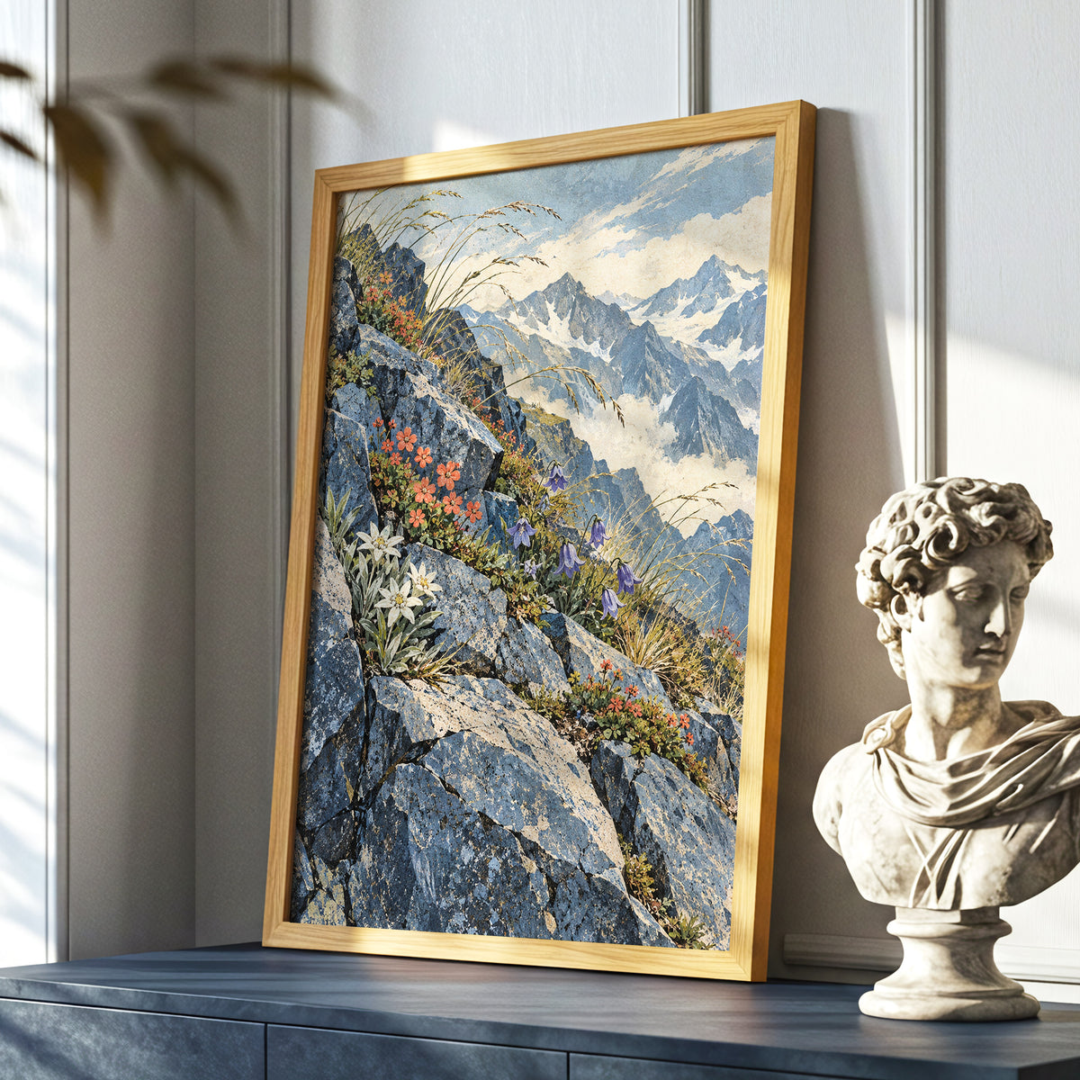 Alpine Bloomscape, blue, gray, beige nature wall art displayed in a styled interior, gallery view 6