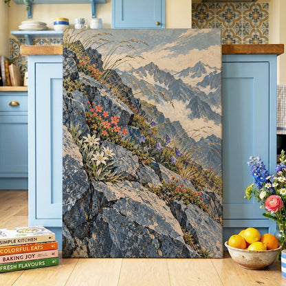 Alpine Bloomscape, blue, gray, beige nature wall art displayed in a styled interior, gallery view 7