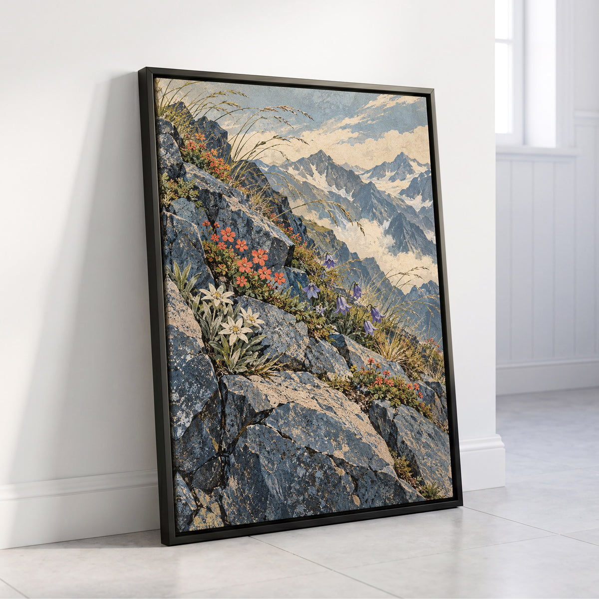 Alpine Bloomscape, blue, gray, beige nature wall art displayed in a styled interior, gallery view 8