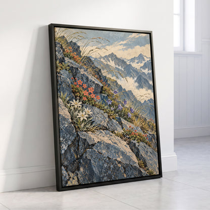Alpine Bloomscape, blue, gray, beige nature wall art displayed in a styled interior, gallery view 8