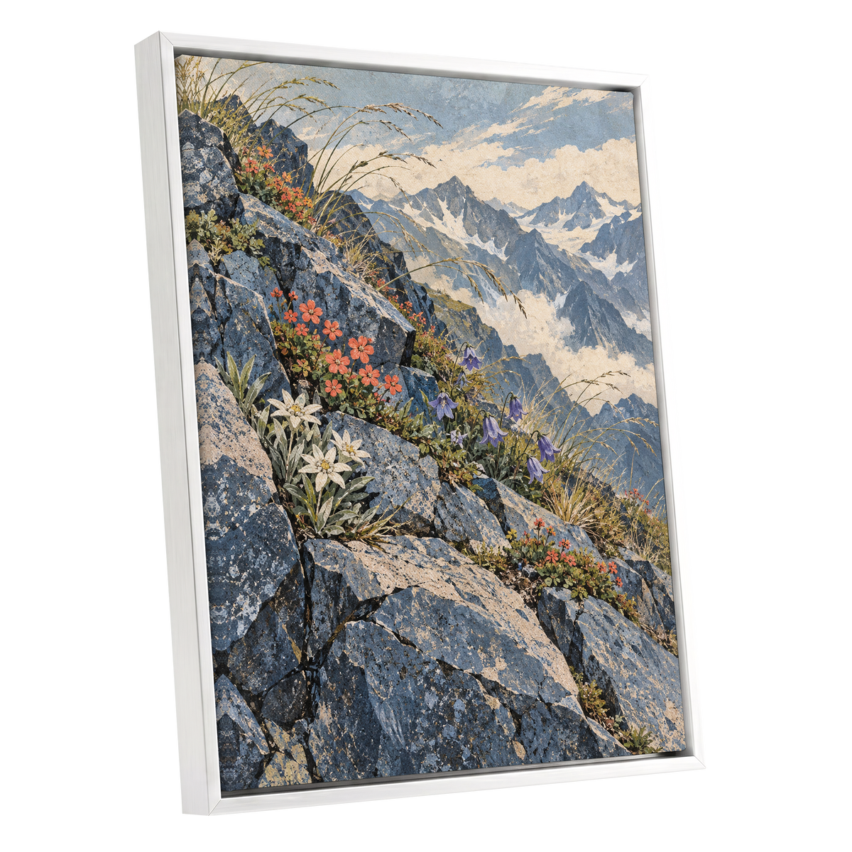 Alpine Bloomscape, blue, gray, beige nature wall art shown as a white framed canvas wall art