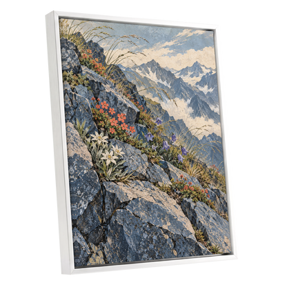 Alpine Bloomscape, blue, gray, beige nature wall art shown as a white framed canvas wall art