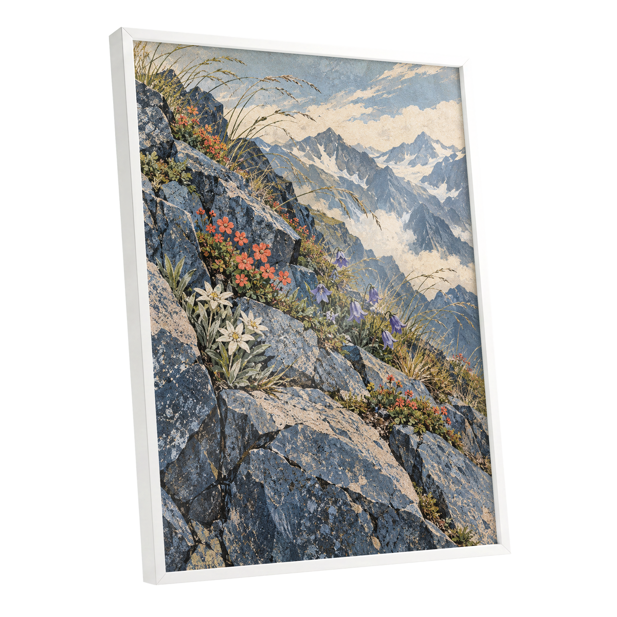 Alpine Bloomscape, blue, gray, beige nature wall art shown as a white framed poster wall art print