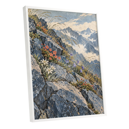 Alpine Bloomscape, blue, gray, beige nature wall art shown as a white framed poster wall art print