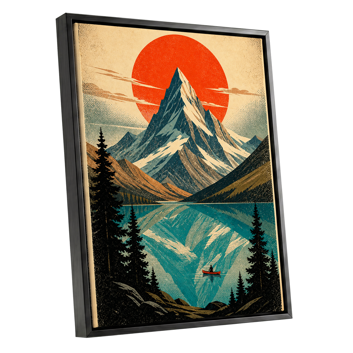 Alpine Ember, blue, beige, black nature wall art shown as a black framed canvas wall art
