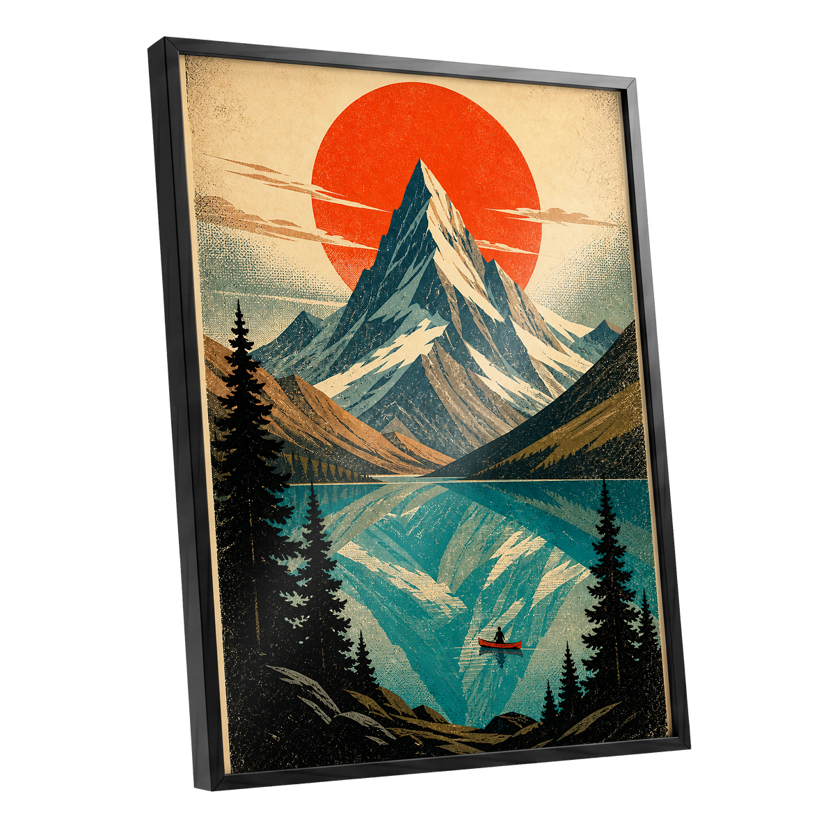 Alpine Ember, blue, beige, black nature wall art shown as a black framed poster wall art print