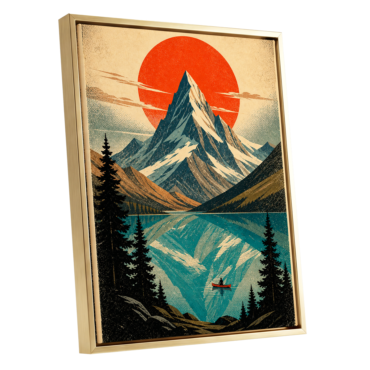 Alpine Ember, blue, beige, black nature wall art shown as a gold framed canvas wall art