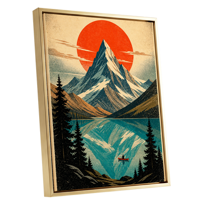 Alpine Ember, blue, beige, black nature wall art shown as a gold framed canvas wall art