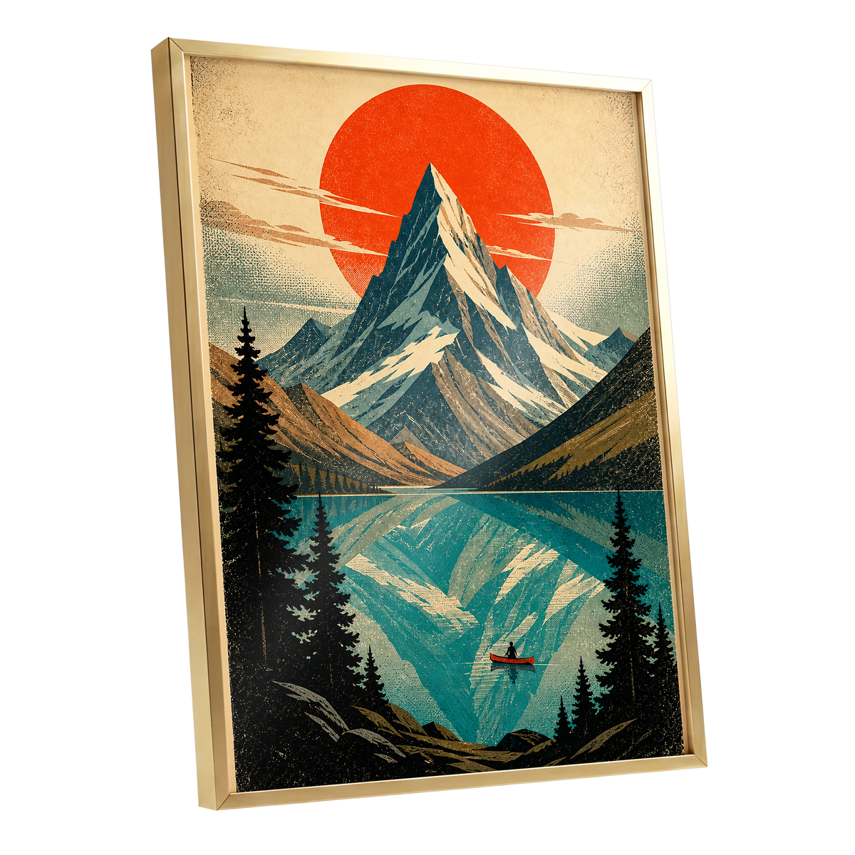Alpine Ember, blue, beige, black nature wall art shown as a gold framed poster wall art print