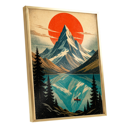 Alpine Ember, blue, beige, black nature wall art shown as a gold framed poster wall art print