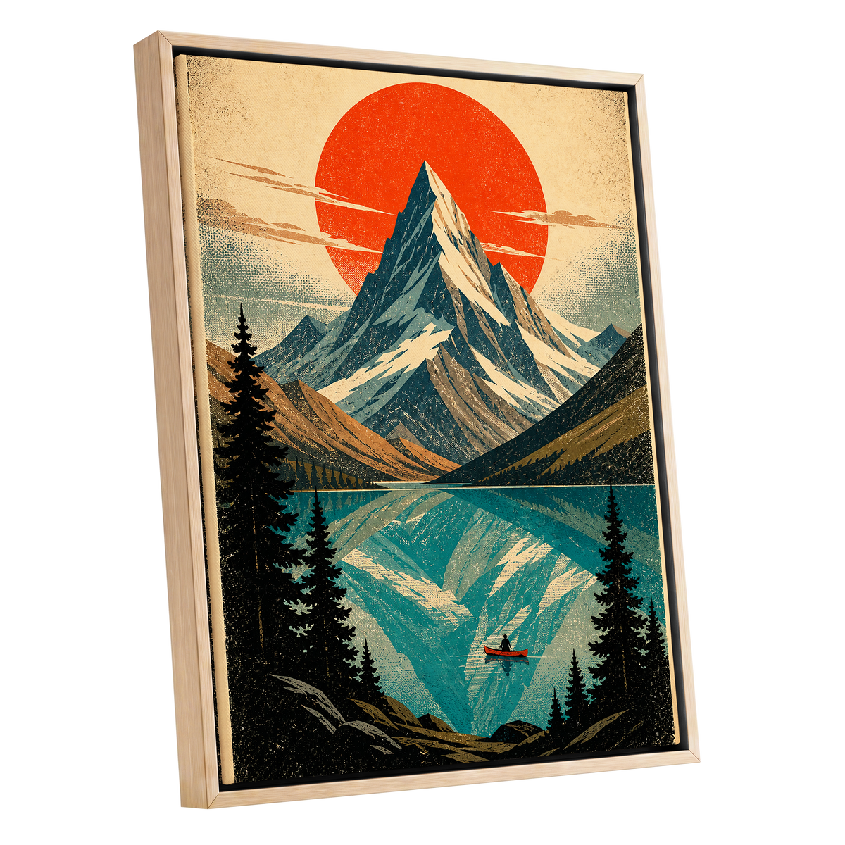 Alpine Ember, blue, beige, black nature wall art shown as a oak framed canvas wall art