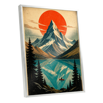 Alpine Ember, blue, beige, black nature wall art shown as a silver framed poster wall art print