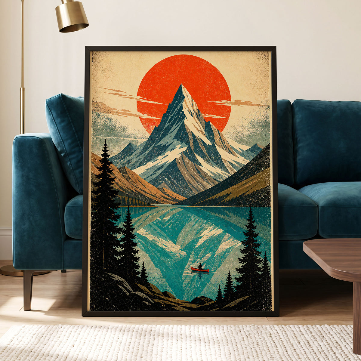 Alpine Ember, blue, beige, black nature wall art displayed in a styled interior, gallery view 2