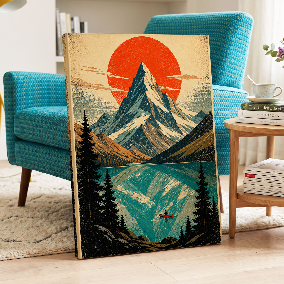Alpine Ember, blue, beige, black nature wall art displayed in a styled interior, gallery view 3