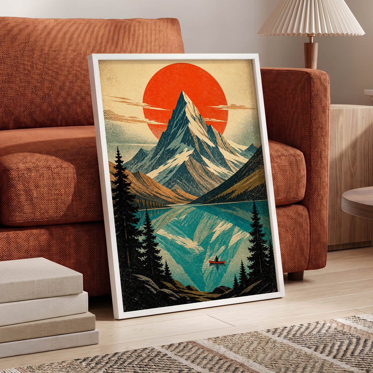 Alpine Ember, blue, beige, black nature wall art displayed in a styled interior, gallery view 6