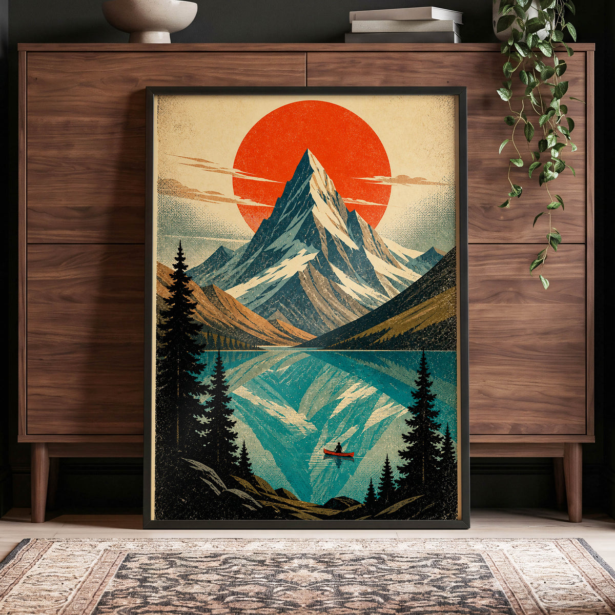 Alpine Ember, blue, beige, black nature wall art displayed in a styled interior, gallery view 9