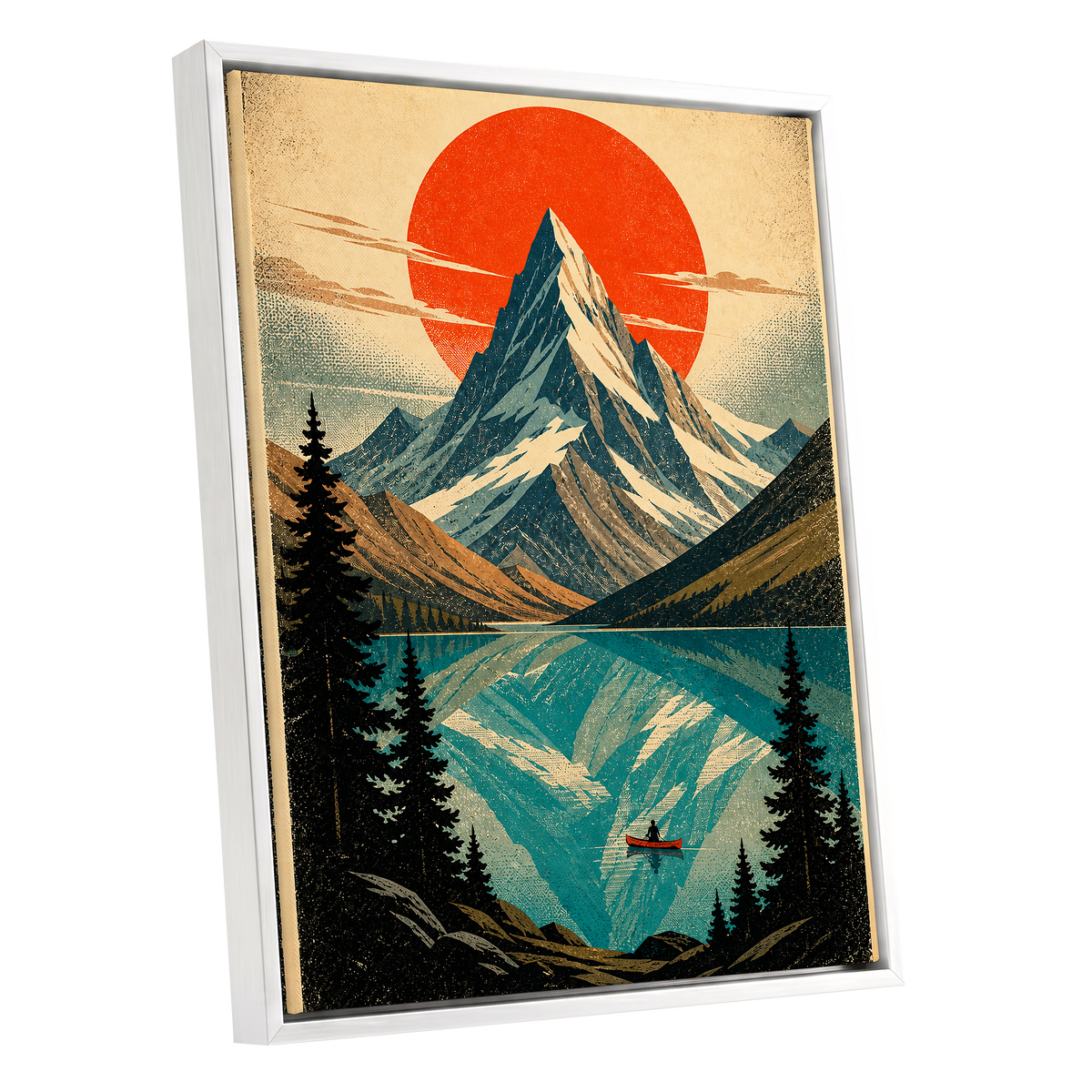 Alpine Ember, blue, beige, black nature wall art shown as a white framed canvas wall art