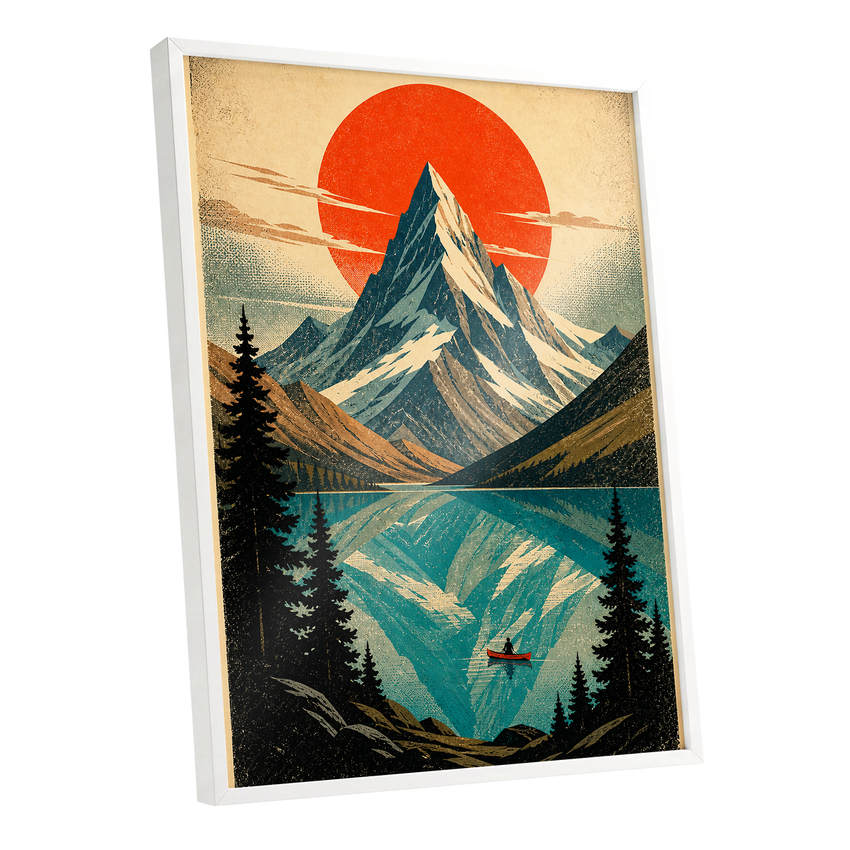 Alpine Ember, blue, beige, black nature wall art shown as a white framed poster wall art print