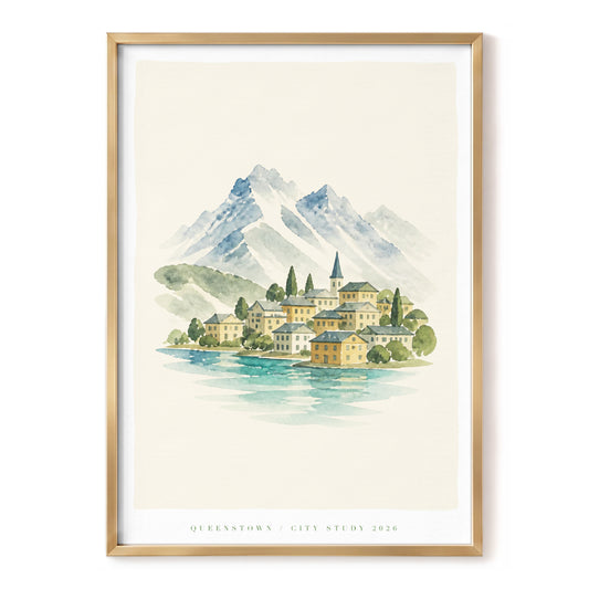 Alpine Waters, blue, green, beige nature wall art, front artwork view