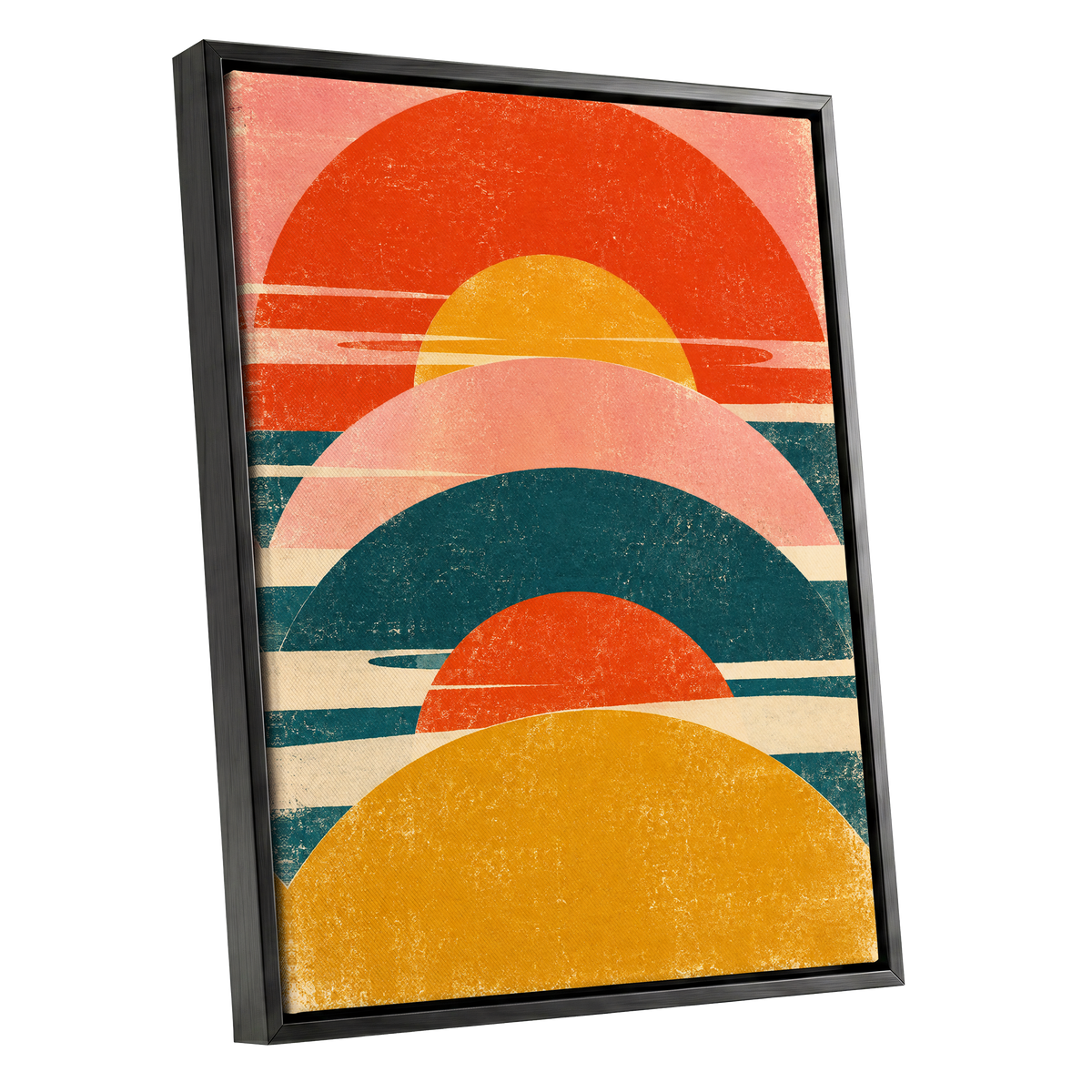 Amber Arc Rhythm, orange, yellow, pink abstract wall art shown as a black framed canvas wall art