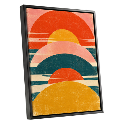 Amber Arc Rhythm, orange, yellow, pink abstract wall art shown as a black framed canvas wall art