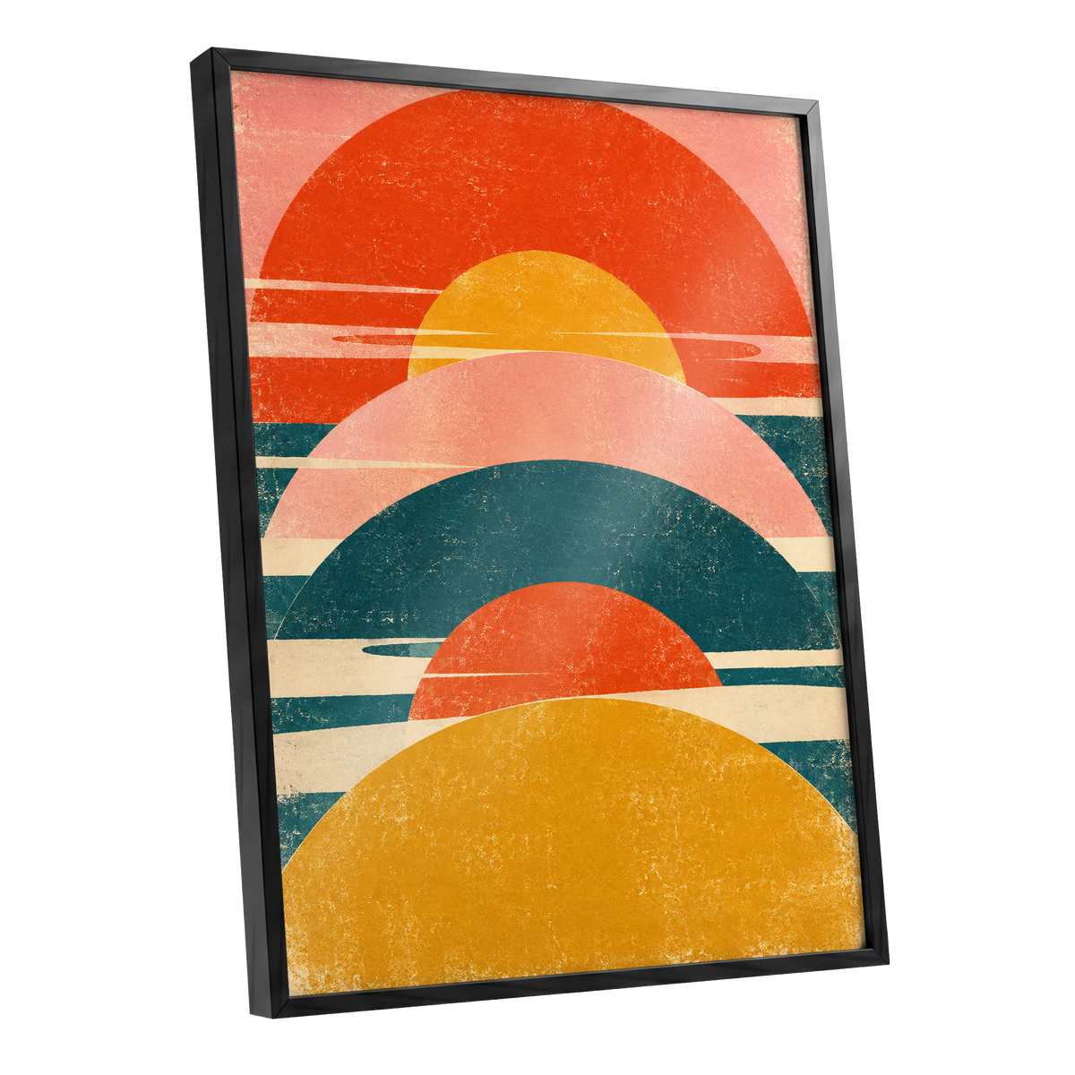 Amber Arc Rhythm, orange, yellow, pink abstract wall art shown as a black framed poster wall art print