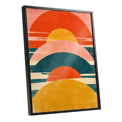 Amber Arc Rhythm, orange, yellow, pink abstract wall art shown as a black framed poster wall art print