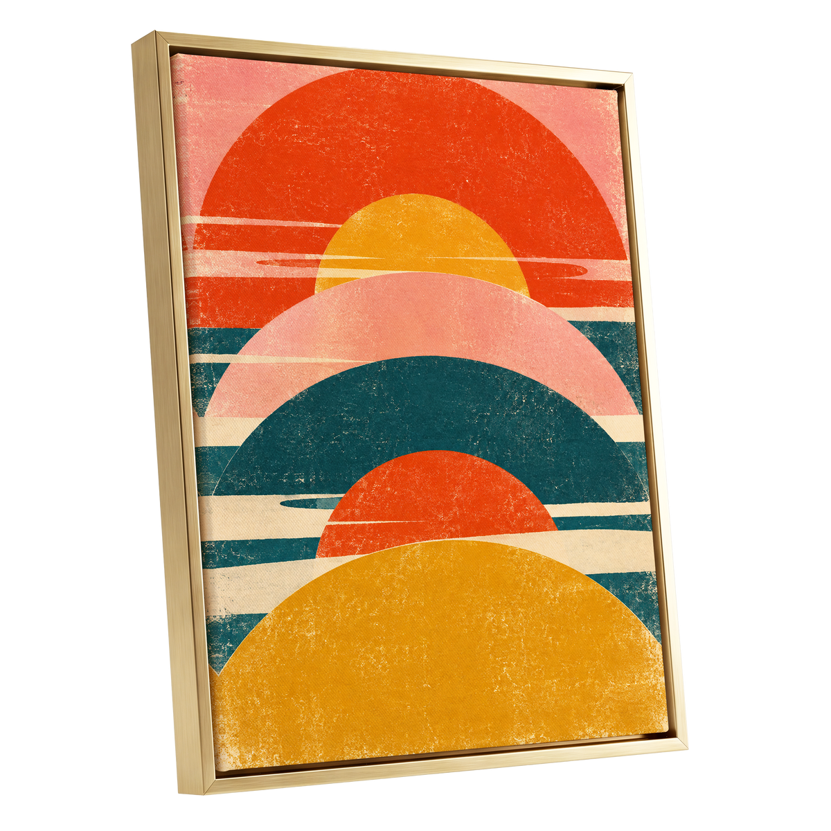 Amber Arc Rhythm, orange, yellow, pink abstract wall art shown as a gold framed canvas wall art