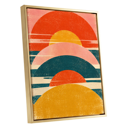 Amber Arc Rhythm, orange, yellow, pink abstract wall art shown as a gold framed canvas wall art