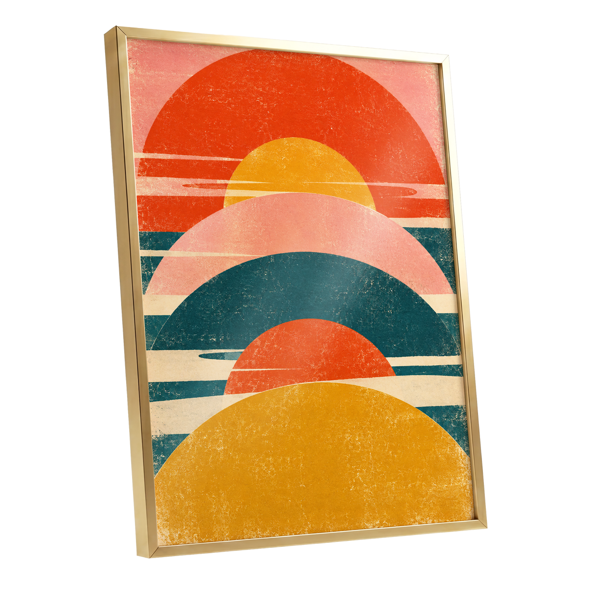 Amber Arc Rhythm, orange, yellow, pink abstract wall art shown as a gold framed poster wall art print
