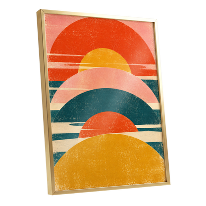Amber Arc Rhythm, orange, yellow, pink abstract wall art shown as a gold framed poster wall art print