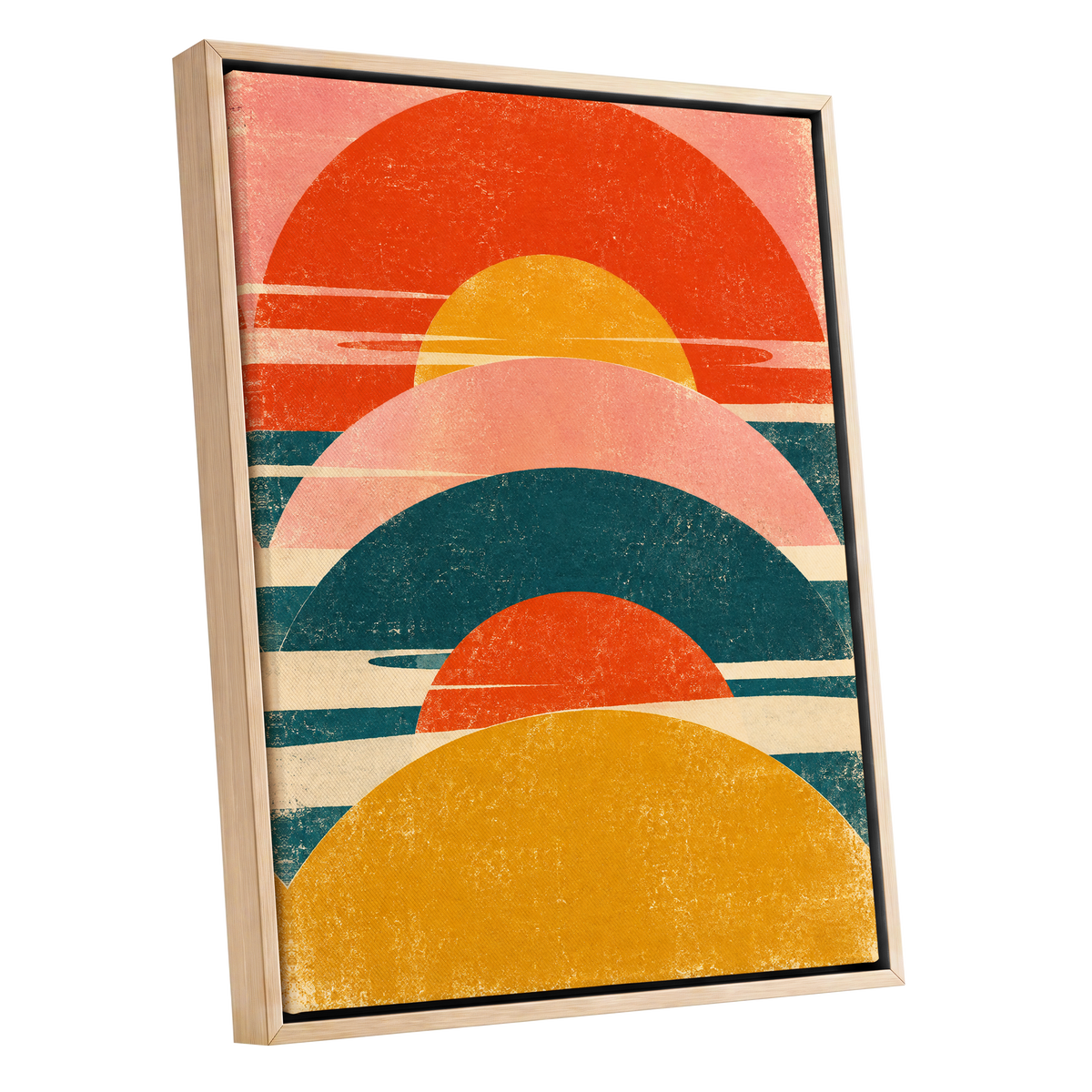 Amber Arc Rhythm, orange, yellow, pink abstract wall art shown as a oak framed canvas wall art