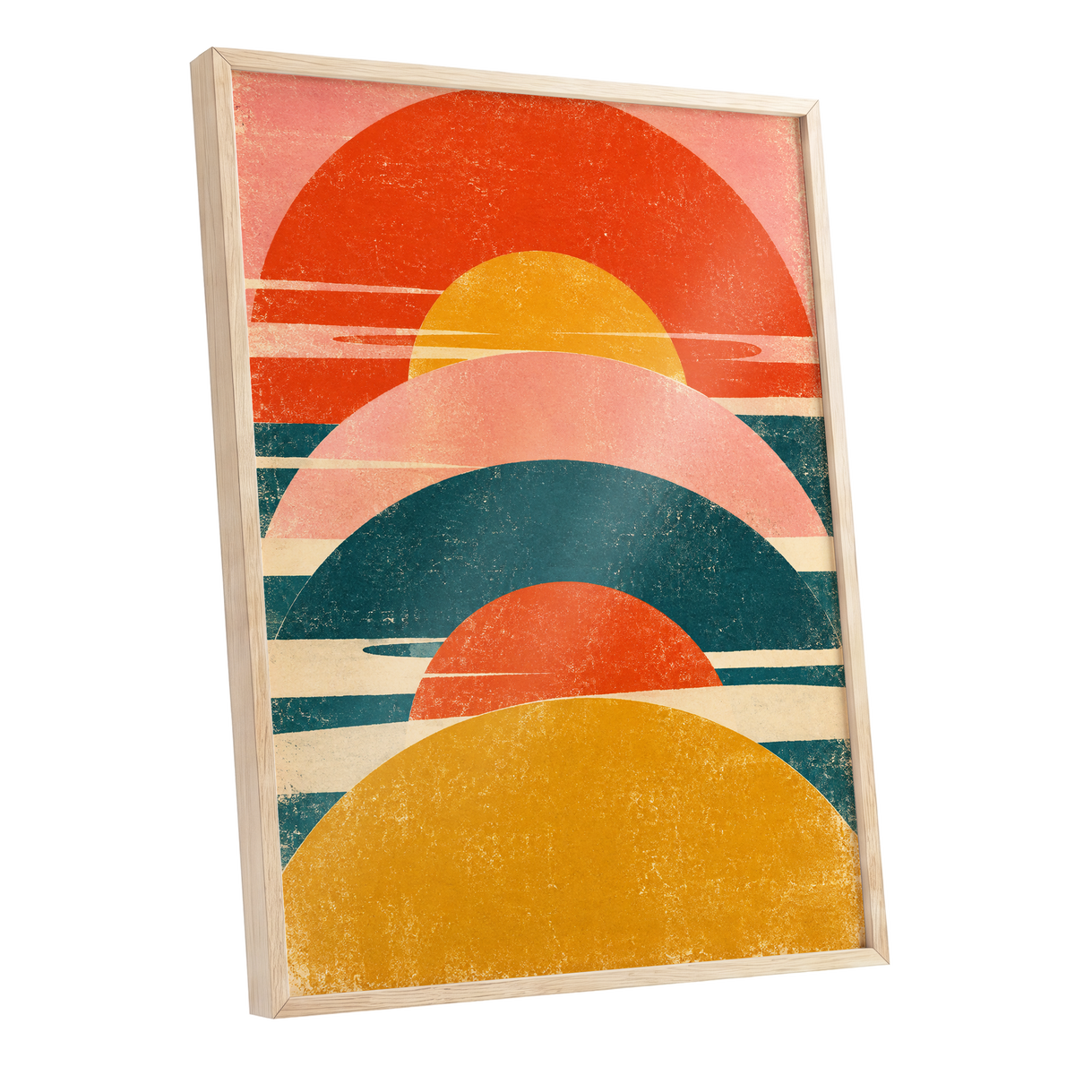 Amber Arc Rhythm, orange, yellow, pink abstract wall art shown as a oak framed poster wall art print