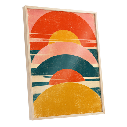 Amber Arc Rhythm, orange, yellow, pink abstract wall art shown as a oak framed poster wall art print