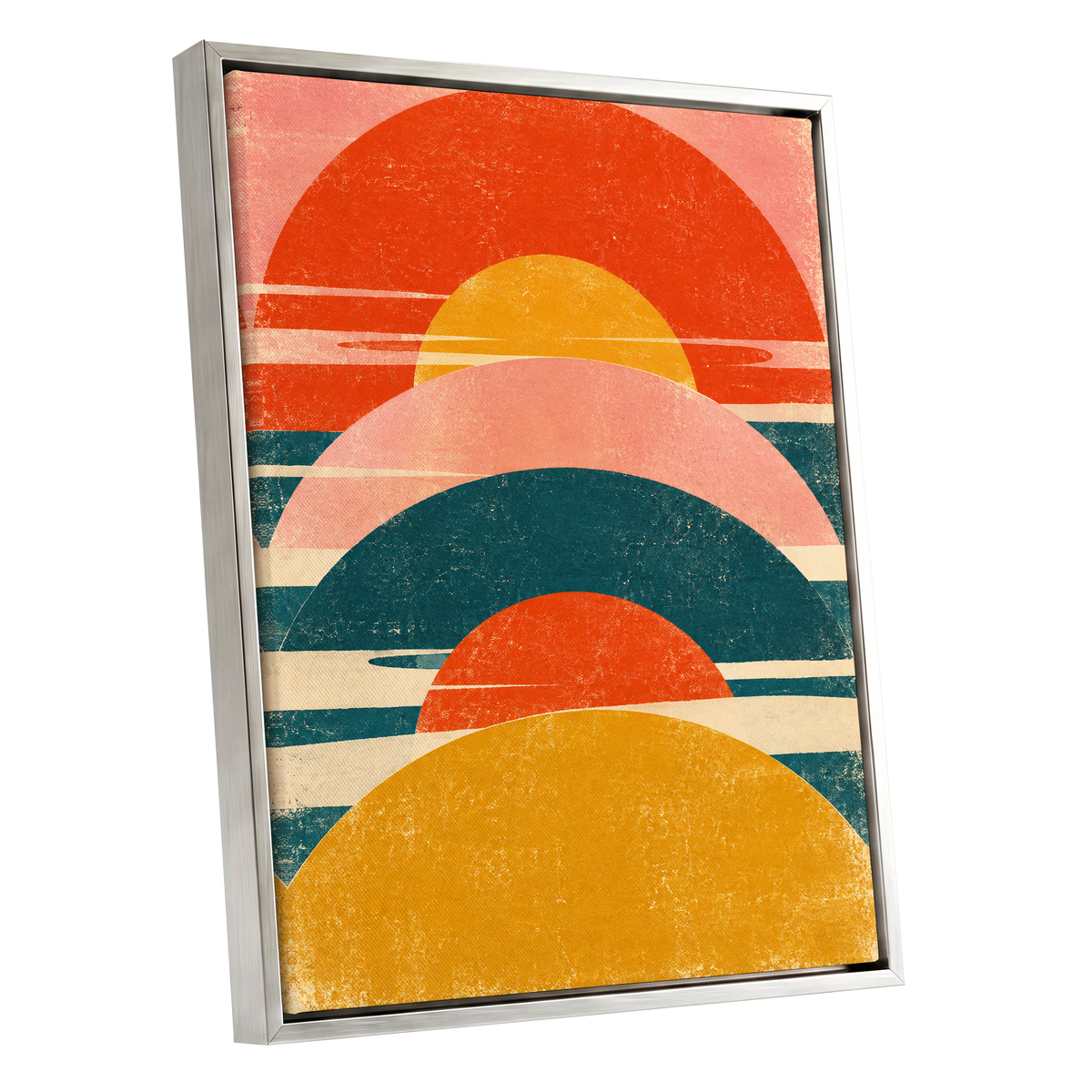 Amber Arc Rhythm, orange, yellow, pink abstract wall art shown as a silver framed canvas wall art