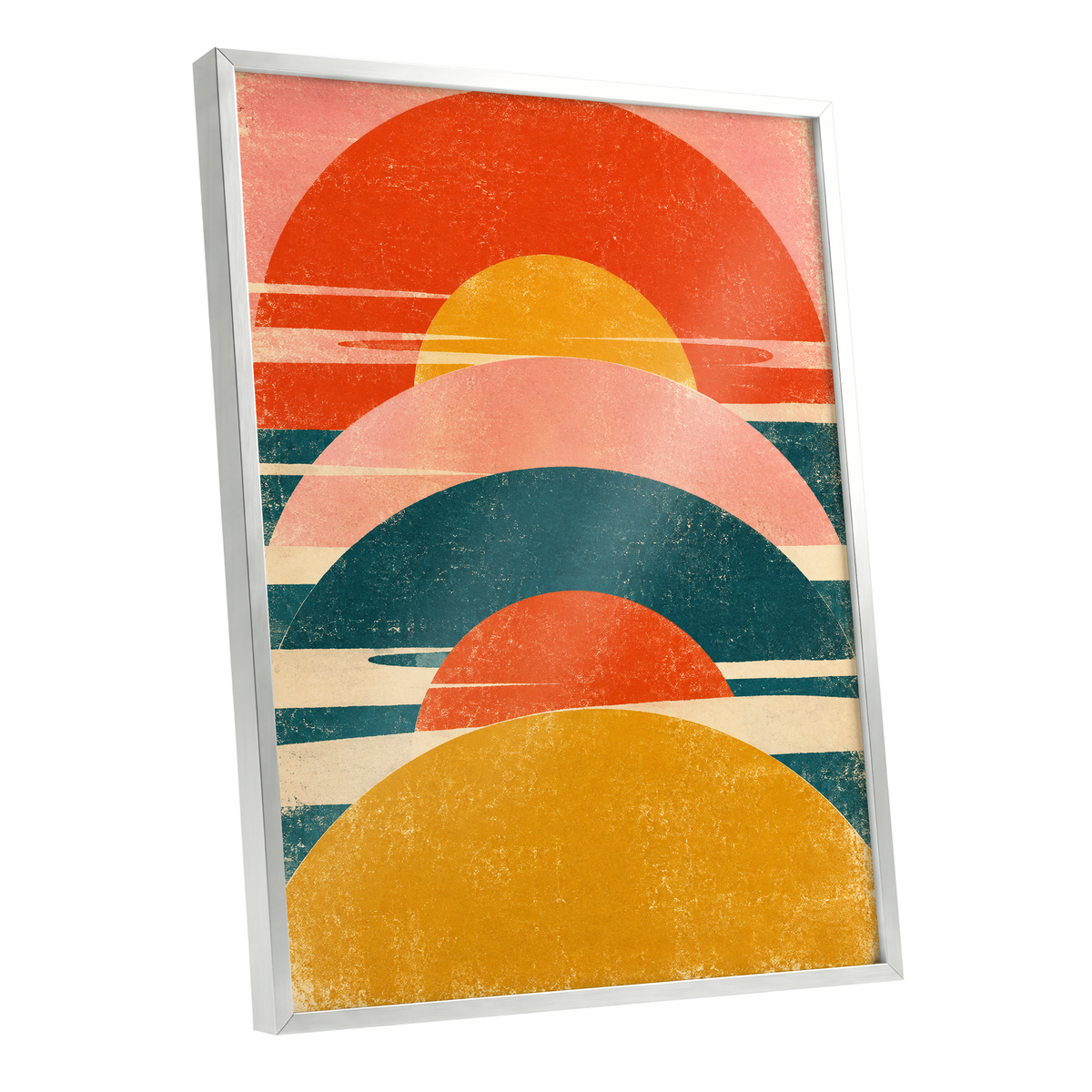 Amber Arc Rhythm, orange, yellow, pink abstract wall art shown as a silver framed poster wall art print