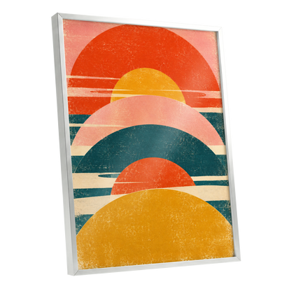 Amber Arc Rhythm, orange, yellow, pink abstract wall art shown as a silver framed poster wall art print