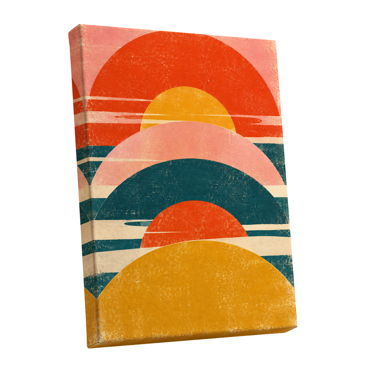 Amber Arc Rhythm, orange, yellow, pink abstract wall art shown as a stretched canvas wall art