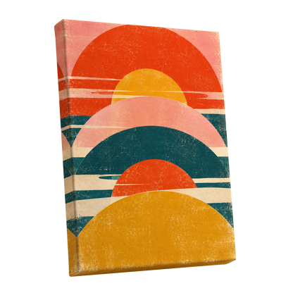 Amber Arc Rhythm, orange, yellow, pink abstract wall art shown as a stretched canvas wall art