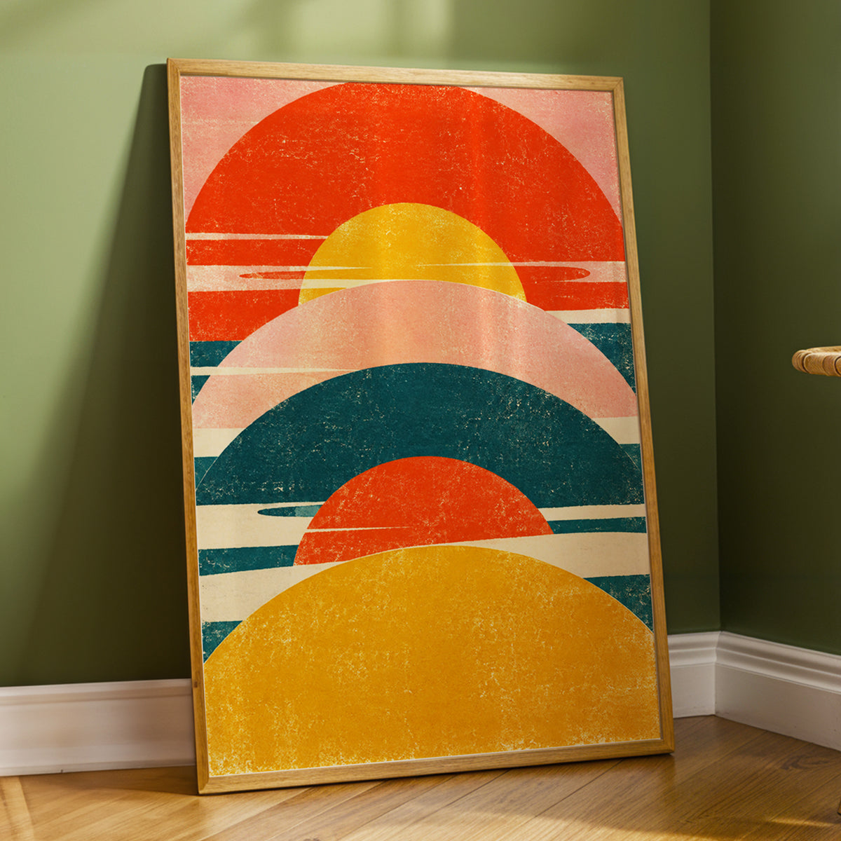 Amber Arc Rhythm, orange, yellow, pink abstract wall art displayed in a styled interior, gallery view 2
