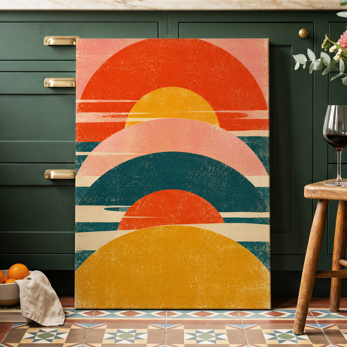 Amber Arc Rhythm, orange, yellow, pink abstract wall art displayed in a styled interior, gallery view 3