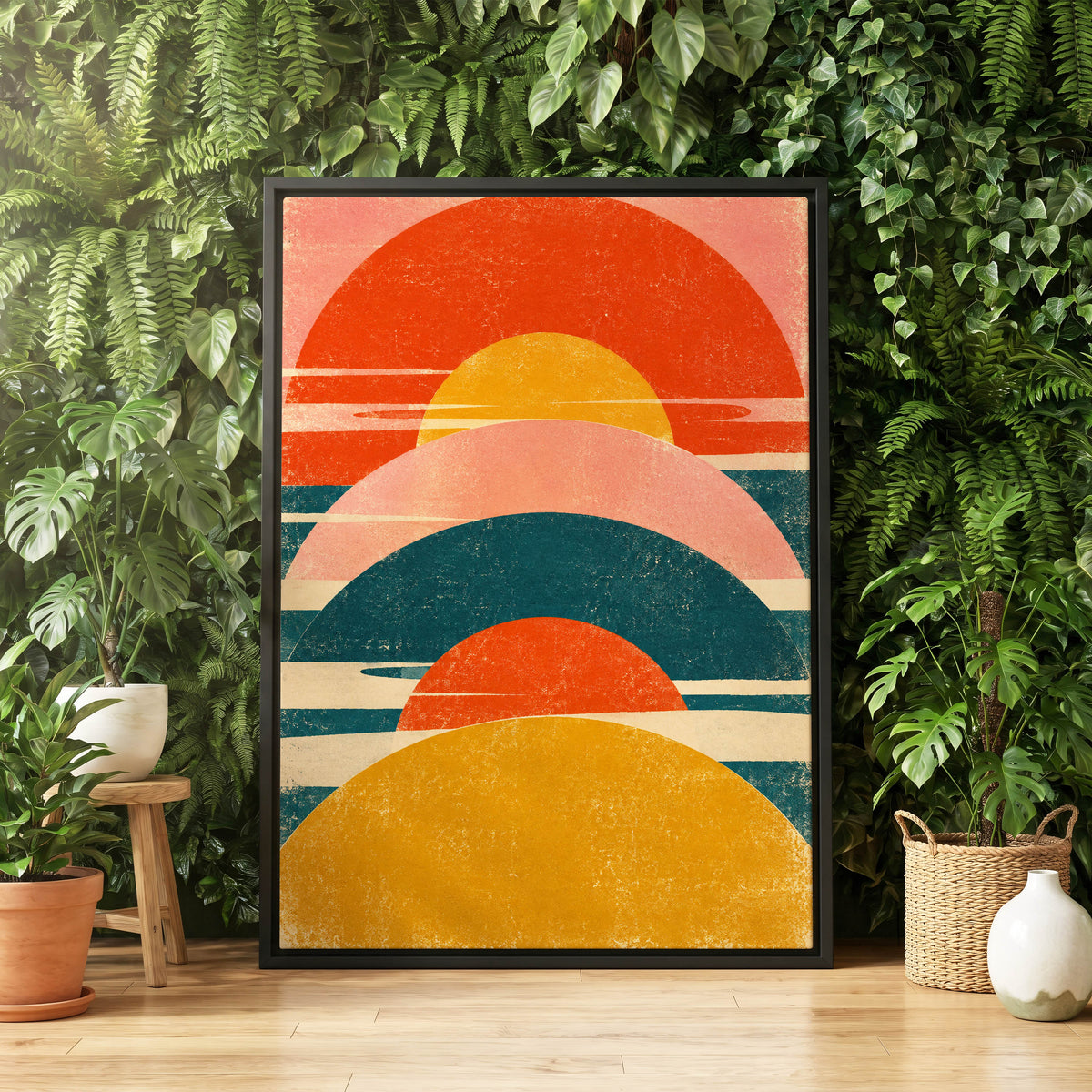 Amber Arc Rhythm, orange, yellow, pink abstract wall art displayed in a styled interior, gallery view 4