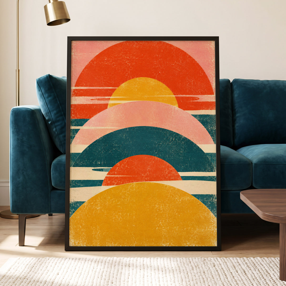 Amber Arc Rhythm, orange, yellow, pink abstract wall art displayed in a styled interior, gallery view 6