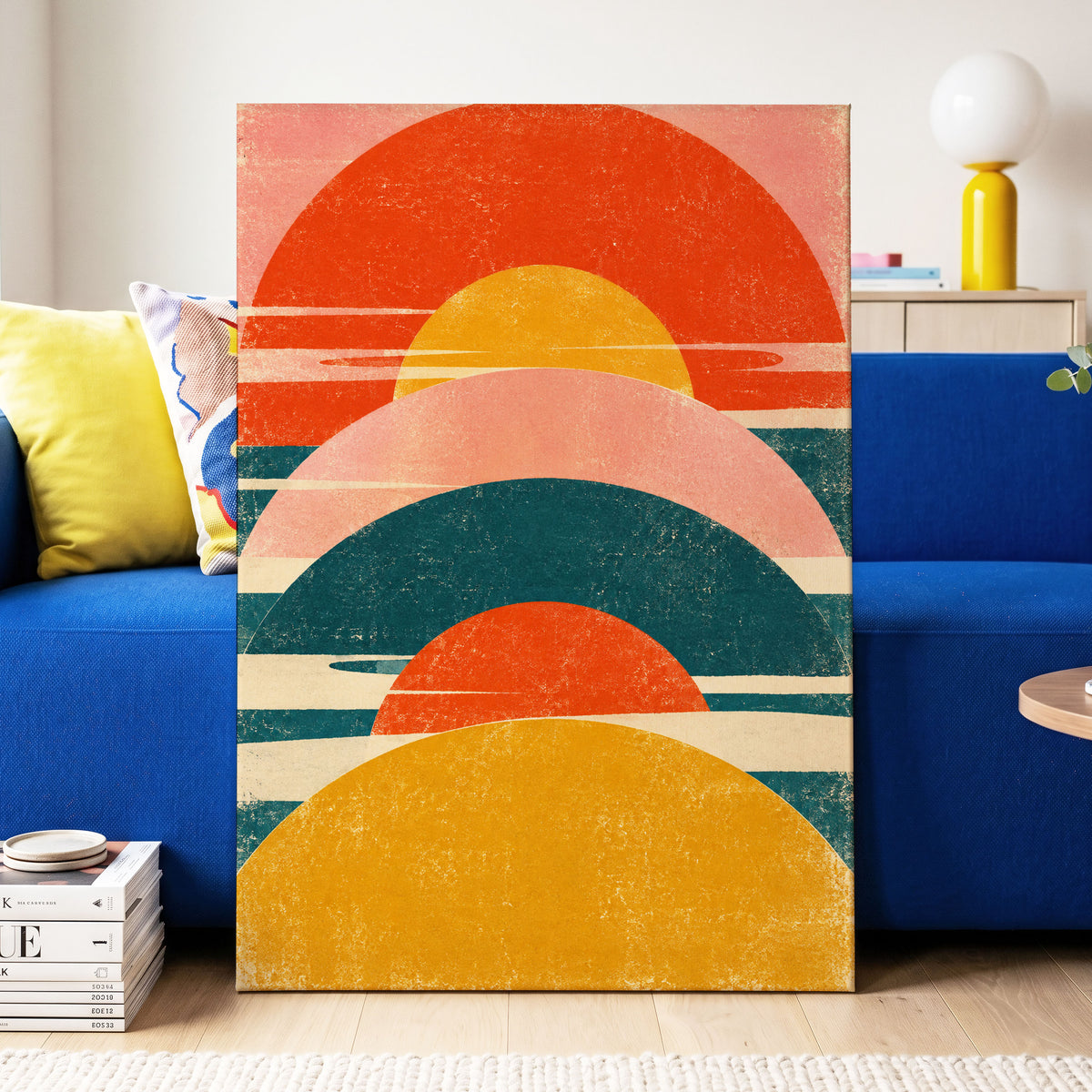 Amber Arc Rhythm, orange, yellow, pink abstract wall art displayed in a styled interior, gallery view 7